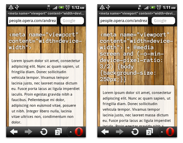 screenshot of pages with and without device-pixel-ratio media query