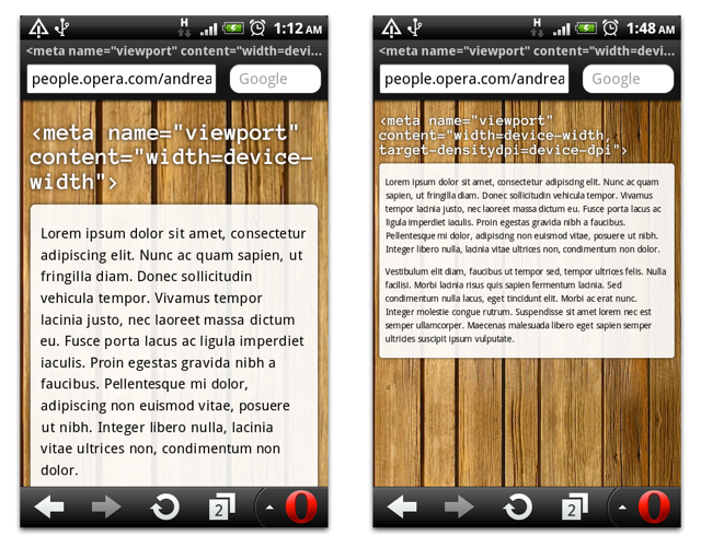 screenshot of pages with and without target-densitydpi set