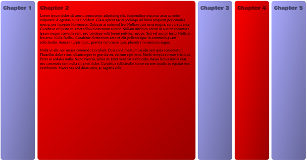 The final web site interface — 5 columns, with one column is expanded wider than the others, with text shown inside it