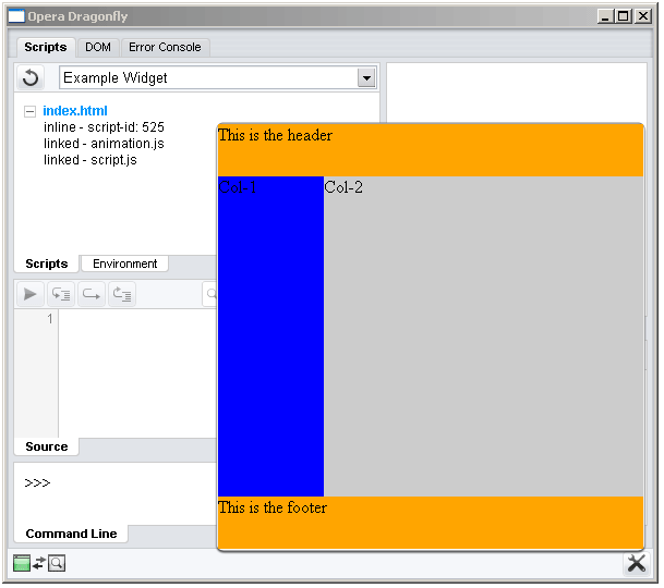 Opera Dragonfly showing script information for our example Widget
