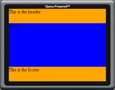 A widget with three columns a header and a footer runnning in the Widget emulator