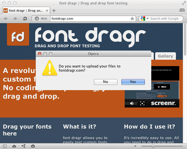 Screenshot showing the dialog that prompts the user to allow a page to interact with a dropped file from the filesystem