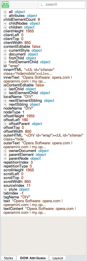the DOM attributes tab