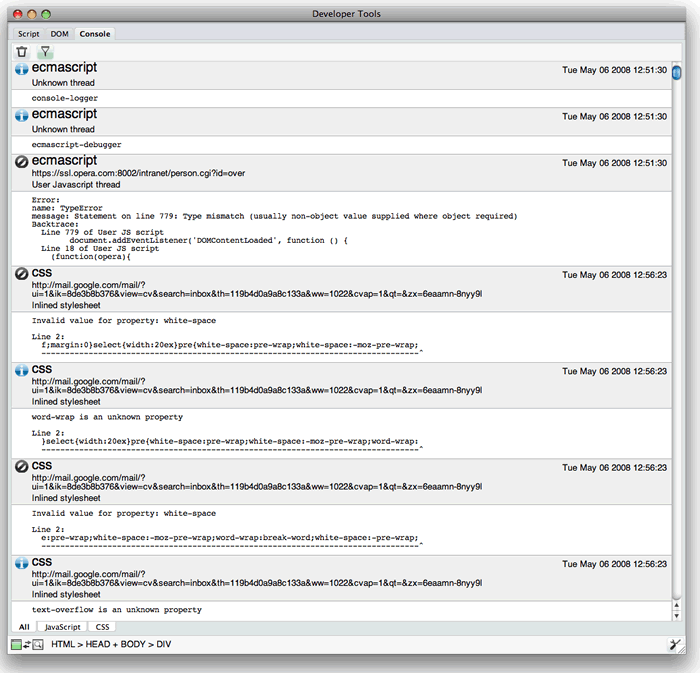 The console view shows css and javascript warnings
