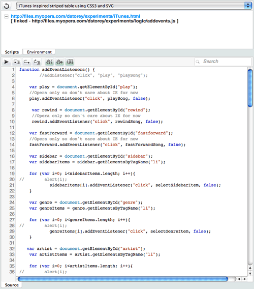 Examining a JavaScript file in Dragonfly