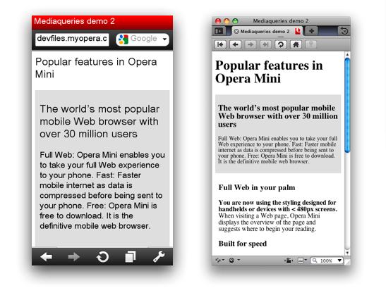 media query example on opera mini 5 and desktop with a small width