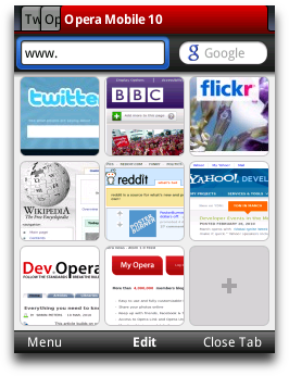 Tabs and Speed Dial in Opera Mobile 10 on a keypad-style phone