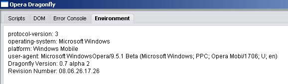 The Opera Dragonfly environment tab, showing it is connected to the Windows mobile platform.