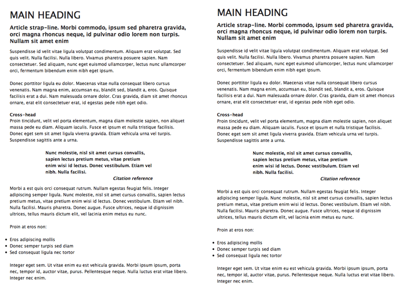 Figure 1: A page with arbitrary leading values (left) versus text set to a baseline grid (right).