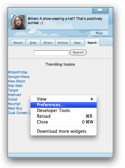 The widget context menu The widget context menu