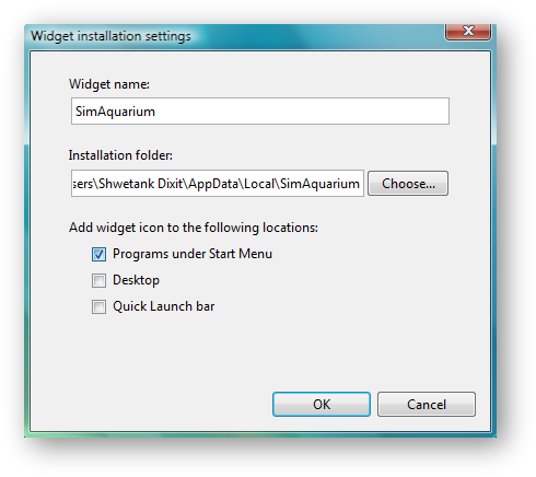 The Widget installation settings dialog box for Windows The Widget installation settings dialog box for Windows