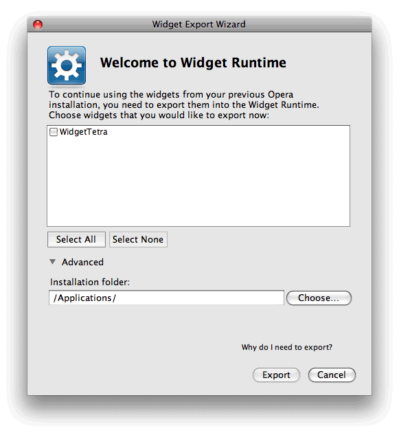 The Widget Export Wizard dialog box The Widget Export Wizard dialog box