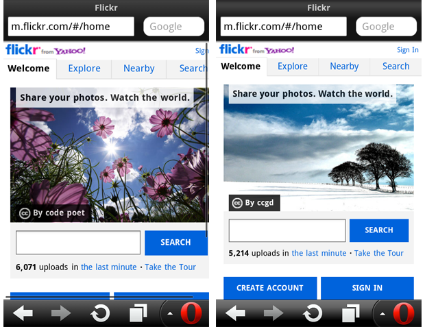 The mobile version of Flickr with a zoom of 160%, showing the unsightly horizontal scrollbars, and now with 150%, fitting perfectly.