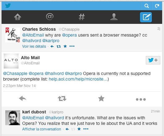 Initial conversations with Alto's support on Twitter, simply stating that Opera is not a supported browser