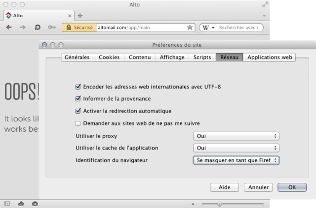 Opera's site preferences, with the 'Network / Browser identification' set to mask as Firefox