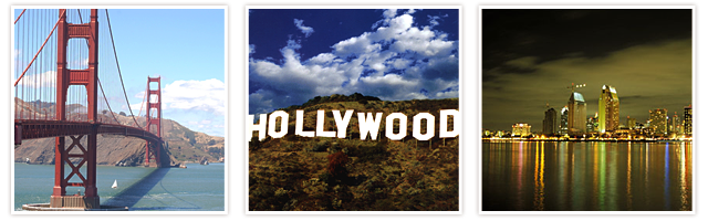 Photo series of San Francisco Bay Bridge, Hollywood sign and San Diego