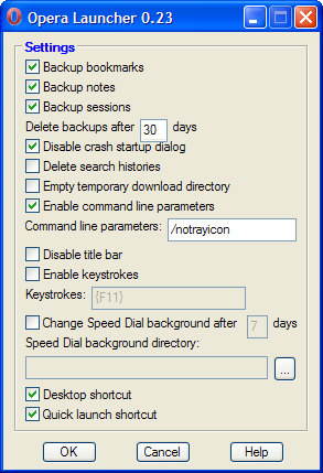 Opera Launcher settings dialog