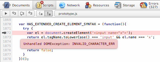 A JavaScript runtime error shown directly in the script's source code as an error tooltip