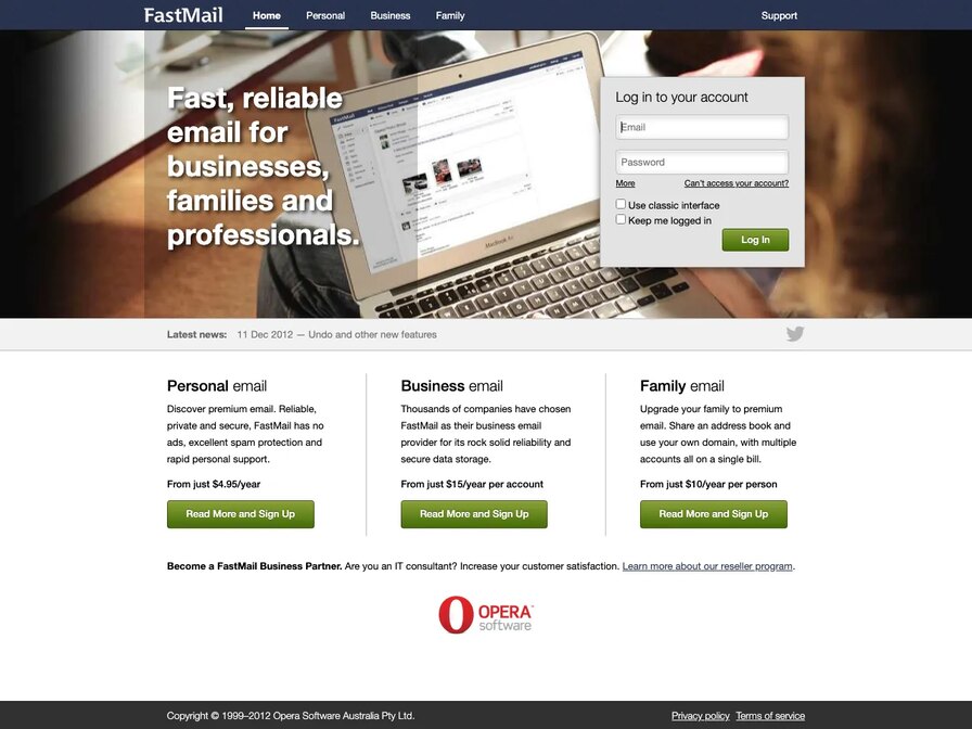 FastMail homepage, December 2012